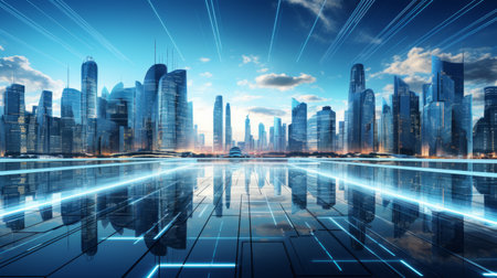 Futuristic business landscape symbolizing the interplay of tech and commerceの素材