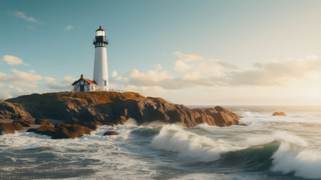 Lighthouse standing tall against a backdrop of calming oceanの素材