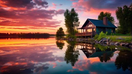 Peaceful lakeside cottage with a colorful sunset reflected on the waterの素材