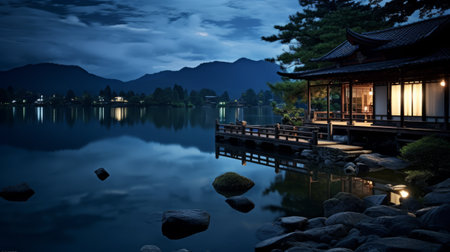 Nocturnal Serenity The serene tranquility of a blue moonlit nightの素材