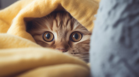 A cat's loving gaze as it watches its owner from a cozy spotの素材