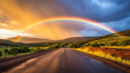 A rainbow appearing over a quiet rural roadの素材