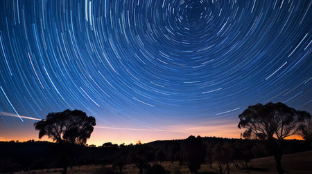 Stunning star trail above a serene forest landscapeの素材