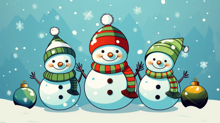 Cartoon style Yuletide artwork with cute snowmen and ornaments.の素材