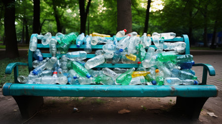 Close-up of a park bench covered in abandoned plastic bottlesの素材