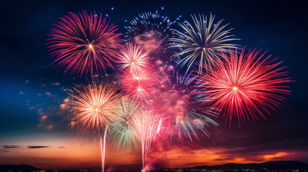Colorful fireworks create a mesmerizing display, capturing the essence of Independence Dayの素材