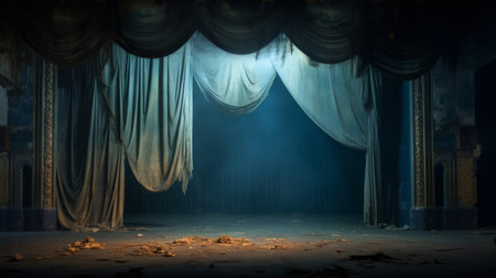 Eerie abandoned theater with torn curtains and moonlit auraの素材