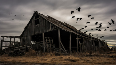 Spooky abandoned barn with crows perched on its roofの素材