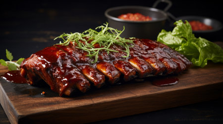 Flame kissed BBQ pork ribs, showcasing the beauty of slow cooked meatsの素材