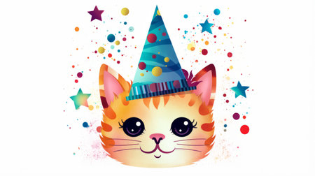 Festive cat clip art with a party hat and confettiの素材