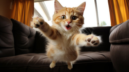 Playful kitty attempting a flying leap with legs akimboの素材