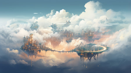 Surreal digital painting of a floating city in the cloudsの素材