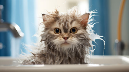 A cat enjoying a bath with a hilariously unamused expressionの素材