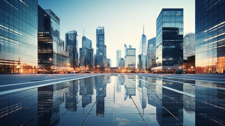A modern cityscape with reflective glass buildingsの素材