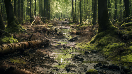 A polluted forest with trees dying from chemical exposureの素材