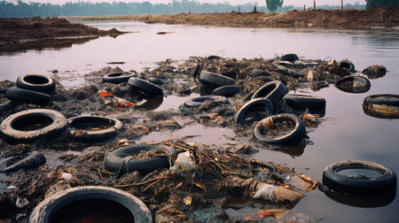 A polluted river with discarded tiresの素材