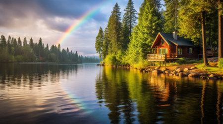 A rainbow over a peaceful lakeside cabin