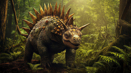 An artistic reconstruction of a Stegosaurus in a prehistoric forestの素材