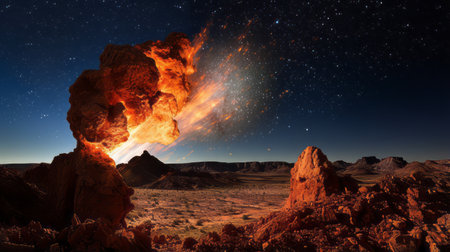 Stunning rock formation standing alone in the vast desert landscapeの素材