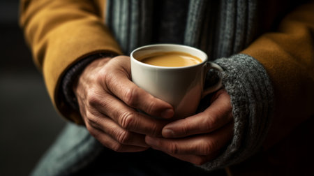 A hand grasping a warm coffee cup, capturing the comfort it bringsの素材