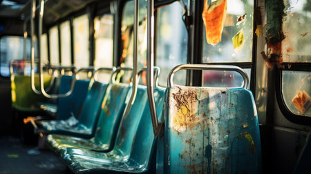 Close-up of littered and vandalized public transportationの素材