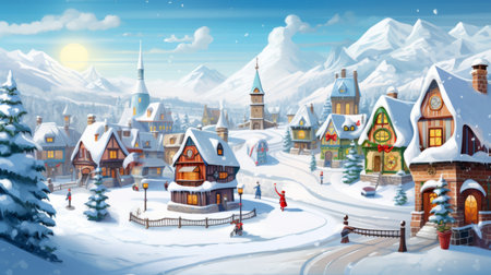 Cartoon style holiday artwork depicting a joyful winter village.の素材