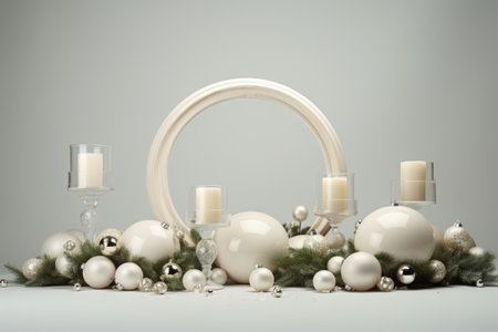 Festive table adorned with white christmas decorations and glowing candlesの素材