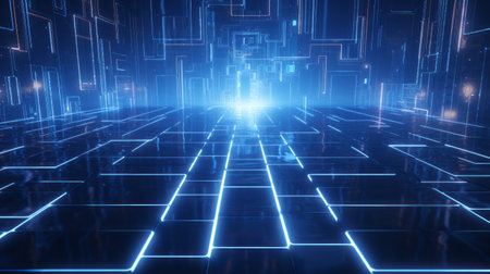 Blue and black background with squares and linesの素材