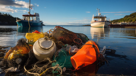 Littering in a coastal town with discarded fishing gearの素材