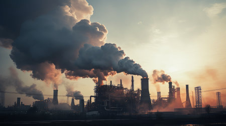Industrial pollution with smokestacks emitting thick black smokeの素材
