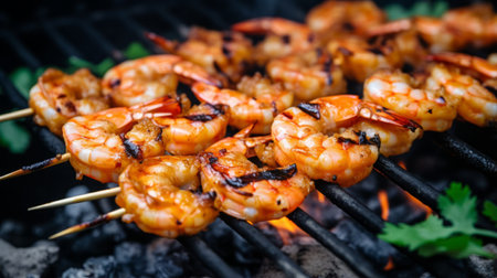 Skewers of marinated BBQ prawns grilling to perfectionの素材