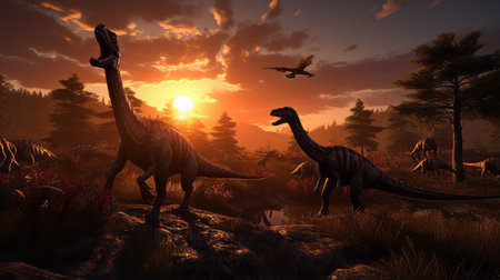A breathtaking sunset over a landscape filled with dinosaursの素材