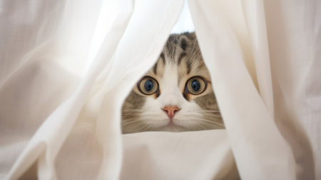 A funny cat trying to hide behind sheer curtains, thinking it's invisibleの素材