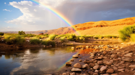 A rainbow forming above a serene desert oasisの素材