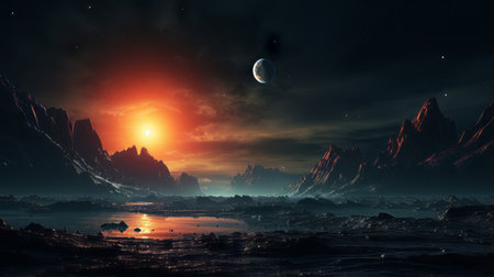 Otherworldly landscape with majestic mountains and distant planetsの素材