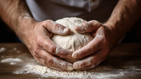Close up of a baker's hands kneading doughの素材