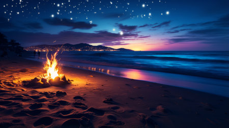 Beach bonfire lighting up the sandy shore under a starry ocean skyの素材