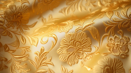 Close up of a golden fabric with an intricate flower patternの素材