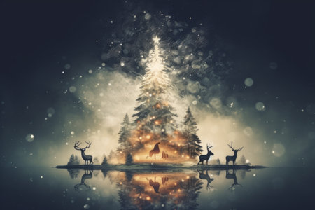 Festive christmas tree with a majestic deer standing proudly in front of itの素材