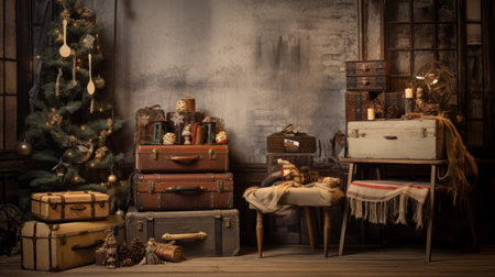 Rustic Christmas holiday scene with vintage decorationsの素材