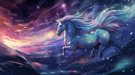 Stardust Unicorn gallops beneath a cascade of meteorsの素材