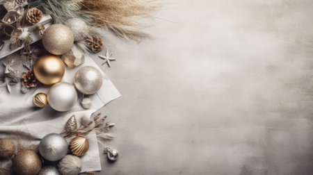 Stylish flatlay of festive holiday decor on a neutral backdrop.の素材