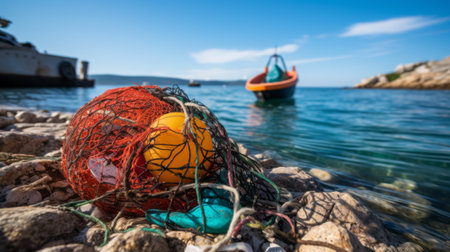 Littering in a coastal town with discarded fishing gearの素材