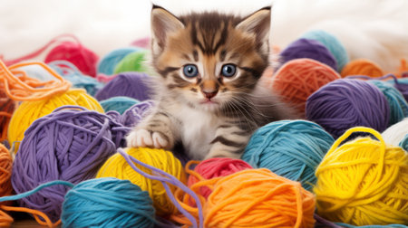 Playful kitten tangled up in a ball of yarn, quite literallyの素材