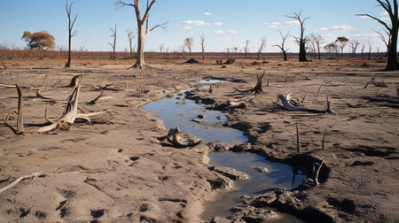 A barren landscape with polluted water and dead treesの素材