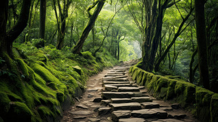 A path through a lush forest representing progressの素材