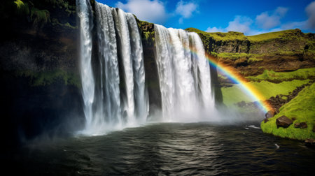 A rainbow emerging from behind a waterfallの素材