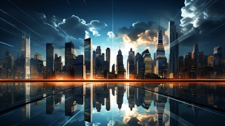 A modern cityscape with skyscrapers and reflective surfaces allows for creative Independence Day messagingの素材