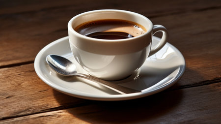 Coffee cup with saucer and spoon, inviting a leisurely pauseの素材