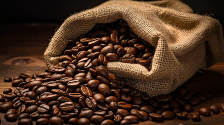 Coffee beans in a rustic sack, portraying the origins of the brewの素材